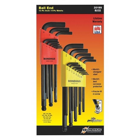 BONDHUS 22 Piece Metric/SAE L-Shape Hex Key Set, 20199 20199