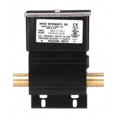 Dwyer Instruments Pressure Switch, Standard, SPDT, 1/4" FNPT, 2.5 to 10 psi Range, Polycarbonate DXW-11-153-1