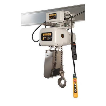 Harrington Electric Chain Hoist, 6,000 lb, 15 ft, Push Trolley, 115/230V AC, Yellow SNERP030C-15