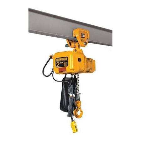 Harrington Electric Chain Hoist, 4,000 lb, 10 ft, Push Trolley, 115/230V AC, Yellow SNERP020L-10