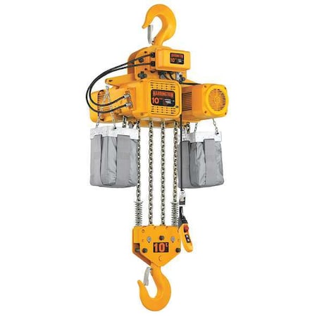 Harrington Electric Chain Hoist, 20,000 lb, 10 ft, Hook Mounted - No Trolley, 460V AC, Yellow NER100SD-10 / 460v