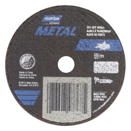 Norton Abrasives Abrasive Cut-Off Wheel, Type 1, 4 in Dia, 0.035 in Thick, 3/8 in Arbor Hole Size, Aluminum Oxide 07660789453