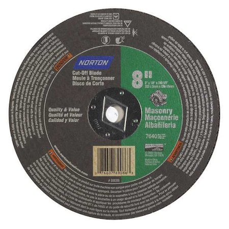 Norton Abrasives Abrasive Cut-Off Wheel, Type 1, 8 in Dia, 0.125 in Thick, 5/8 in Arbor Hole Size, Silicon Carbide 07660789086