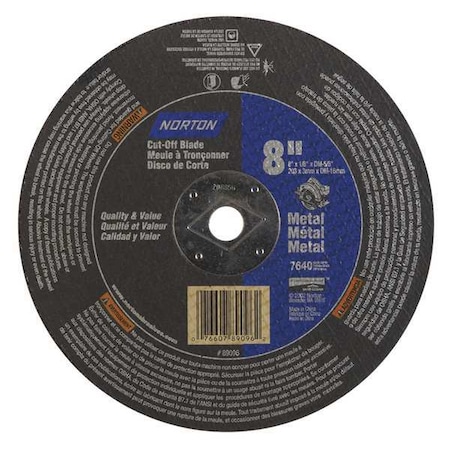 Norton Abrasives Abrasive Cut-Off Wheel, Type 1, 8 in Dia, 0.125 in Thick, 5/8 in Arbor Hole Size, Aluminum Oxide 07660789096