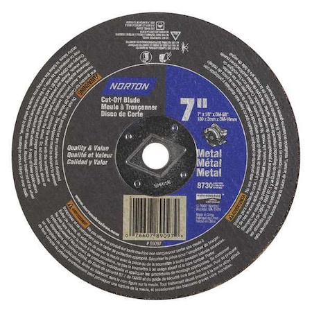 Norton Abrasives Abrasive Cut-Off Wheel, Type 1, 7 in Dia, 0.125 in Thick, 5/8 in Arbor Hole Size, Aluminum Oxide 07660789097