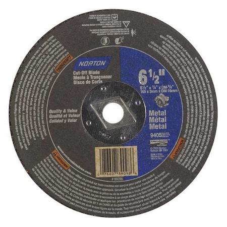 Norton Abrasives Abrasive Cut-Off Wheel, Type 1, 6 1/2 in Dia, 0.125 in Thick, 5/8 in Arbor Hole Size, 24 Grit 07660789098