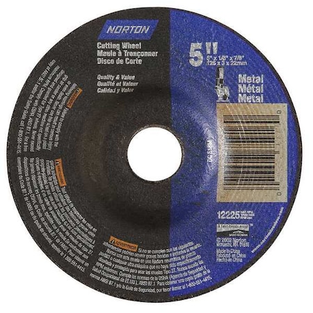 Norton Abrasives Cut-Off & Grinding Wheel, Type 27, 5 in Dia, 0.125 in Thick, 7/8 in Arbor Hole Size, Aluminum Oxide 66252843616