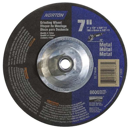 Norton Abrasives Depressed Center Grinding Wheel, Type 27, 7 in Dia, 0.25 in Thick, 5/8"-11 Arbor Hole Size, 24 Grit 66252912633