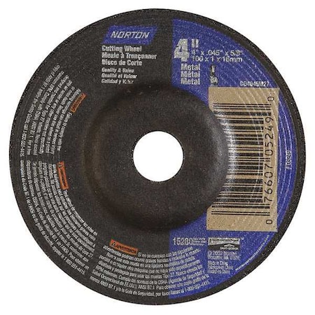 Norton Abrasives Depressed Center Wheels, Type 27, 4 in Dia, 0.045 in Thick, 5/8 in Arbor Hole Size, Aluminum Oxide 07660705249