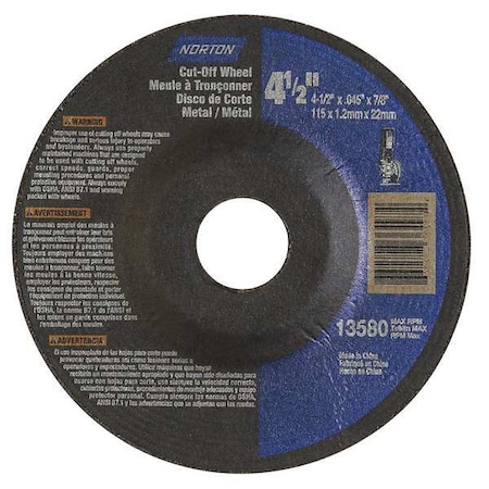 Norton Abrasives Depressed Center Cut-Off Wheel, Type 27, 4 1/2 in Dia, 0.045 in Thick, 7/8 in Arbor Hole Size 66252843604