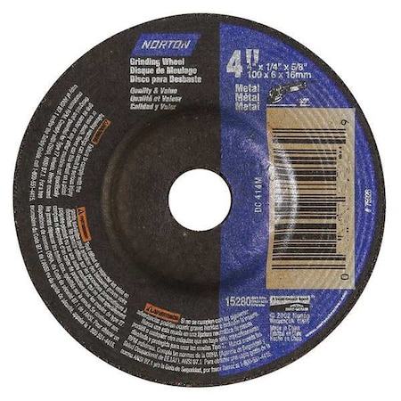 Norton Abrasives Depressed Center Grinding Wheel, Type 27, 4 in Dia, 0.25 in Thick, 5/8 in Arbor Hole Size, 24 Grit 66252842011