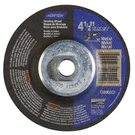 Norton Abrasives Depressed Center Grinding Wheel, Type 27, 4 1/2 in Dia, 0.25 in Thick, 5/8"-11 Arbor Hole Size 66252843605