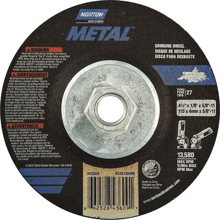 Norton Abrasives Cut-Off & Grinding Wheel, Type 27, 4 1/2 in Dia, 0.125 in Thick, 5/8"-11 Arbor Hole Size, 24 Grit 66252843609