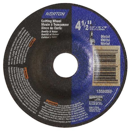 Norton Abrasives Cut-Off & Grinding Wheel, Type 27, 4 1/2 in Dia, 0.125 in Thick, 7/8 in Arbor Hole Size, 24 Grit 66252843611