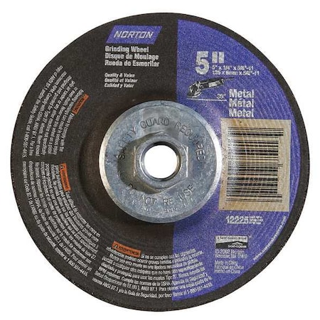 Norton Abrasives Depressed Center Grinding Wheel, Type 27, 5 in Dia, 0.25 in Thick, 5/8"-11 Arbor Hole Size, 24 Grit 66252843613
