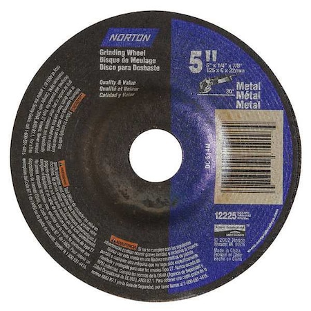 Norton Abrasives Depressed Center Grinding Wheel, Type 27, 5 in Dia, 0.25 in Thick, 7/8 in Arbor Hole Size, 24 Grit 66252843614