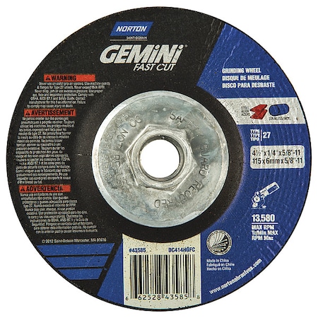 Norton Abrasives Depressed Center Grinding Wheel, Type 27, 4 1/2 in Dia, 0.25 in Thick, 5/8"-11 Arbor Hole Size 66252843585