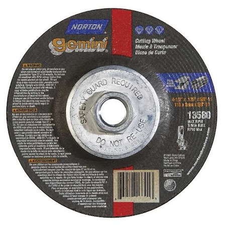 Norton Abrasives Depressed Center Cut-Off Wheel, Type 27, 4 1/2 in Dia, 0.125 in Thick, 5/8"-11 Arbor Hole Size 66252843588