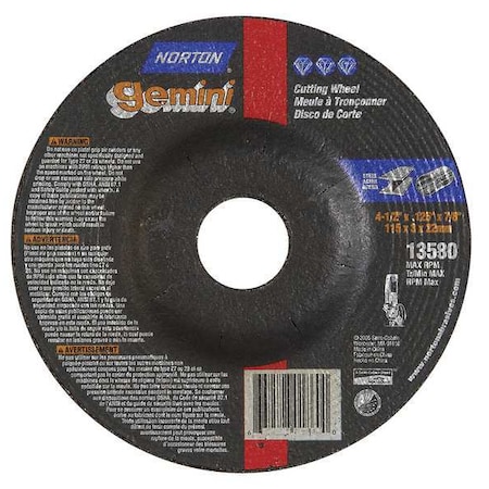 Norton Abrasives Depressed Center Cut-Off Wheel, Type 27, 4 1/2 in Dia, 0.125 in Thick, 7/8 in Arbor Hole Size 66252843589