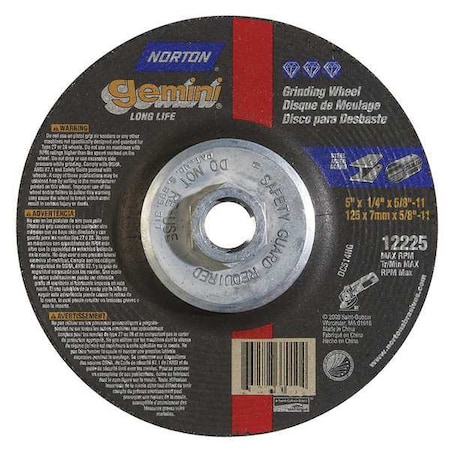 Norton Abrasives Depressed Center Grinding Wheel, Type 27, 5 in Dia, 0.25 in Thick, 5/8"-11 Arbor Hole Size, 24 Grit 66252843597