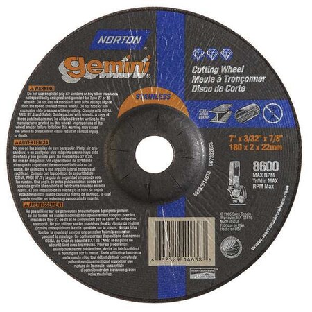 Norton Abrasives Depressed Center Wheels, Type 27, 7 in Dia, 0.0938 in Thick, 7/8 in Arbor Hole Size, Aluminum Oxide 66252914638