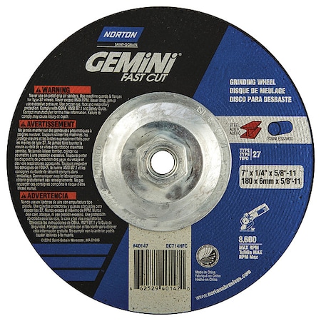 Norton Abrasives Depressed Center Grinding Wheel, Type 27, 7 in Dia, 0.25 in Thick, 5/8"-11 Arbor Hole Size, 24 Grit 66252940147