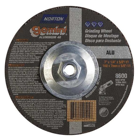Norton Abrasives Depressed Center Wheels, Type 27, 7 in Dia, 0.25 in Thick, 5/8"-11 Arbor Hole Size, Aluminum Oxide 66252940515