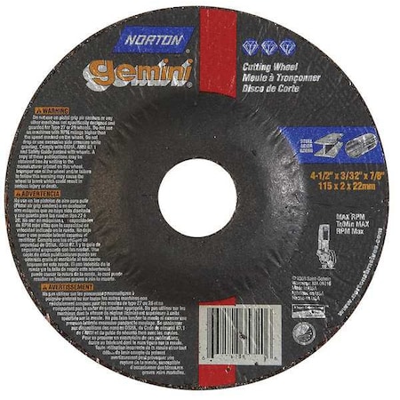 Norton Abrasives Depressed Center Cut-Off Wheel, Type 27, 4 1/2 in Dia, 0.0938 in Thick, 7/8 in Arbor Hole Size 66252843582