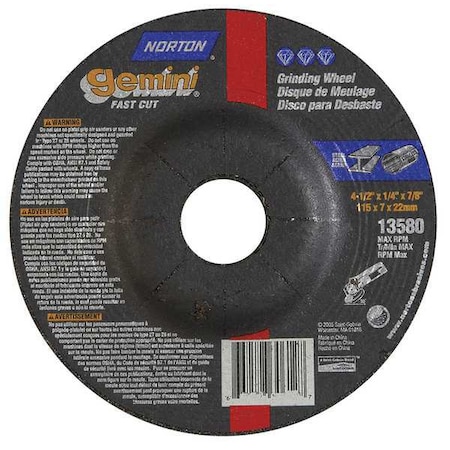 Norton Abrasives Depressed Center Grinding Wheel, Type 27, 4 1/2 in Dia, 0.25 in Thick, 7/8 in Arbor Hole Size 66252843584