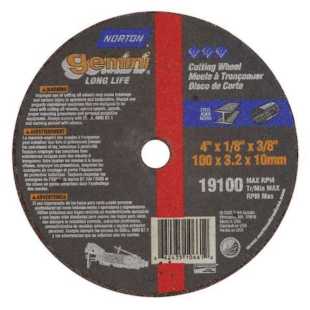 Norton Abrasives CutOff Whl, Gemini, 4"x1/8"x3/8", 19100rpm 66243510661