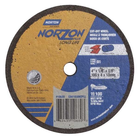 Norton Abrasives Abrasive Cut-Off Wheel, Type 1, 4 in Dia, 0.125 in Thick, 3/8 in Arbor Hole Size, Ceramic, 36 Grit 66243510680