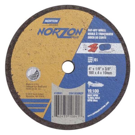 Norton Abrasives CutOff Whl, NorZon, 4"x1/8"x3/8", 19100rpm 66243510841