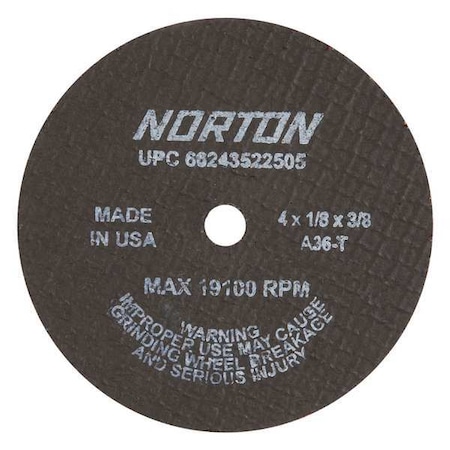 Norton Abrasives CutOff Whl, 4"x1/8"x3/8", 19100rpm 66243522505