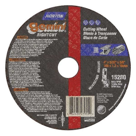 Norton Abrasives Abrasive Cut-Off Wheel, Type 1, 4 in Dia, 0.0938 in Thick, 5/8 in Arbor Hole Size, Aluminum Oxide 66243527955