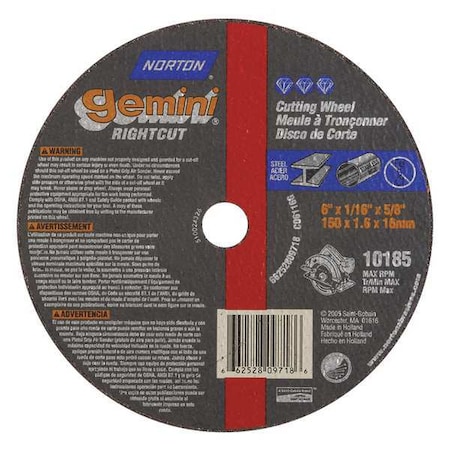 Norton Abrasives CutOff Whl, Gemini, 6"x1/16"x5/8", 10190rpm 66252809718