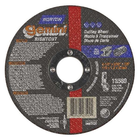 Norton Abrasives Abrasive Cut-Off Wheel, Type 1, 4 1/2 in Dia, 0.0938 in Thick, 7/8 in Arbor Hole Size, 46 Grit 66252823599