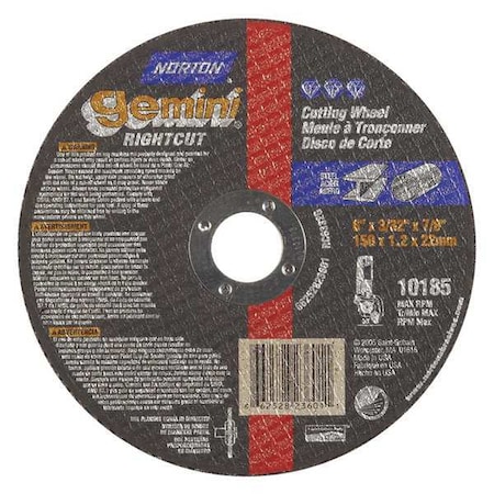 Norton Abrasives Abrasive Cut-Off Wheel, Type 1, 6 in Dia, 0.0938 in Thick, 7/8 in Arbor Hole Size, Aluminum Oxide 66252823601