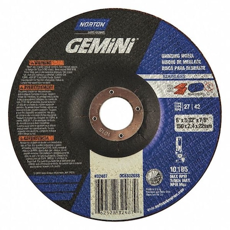 Norton Abrasives CutOff Whl, Gemini, 6"x3/32"x7/8", 10185rpm 66252832487
