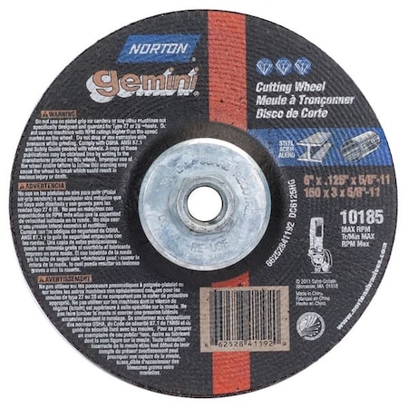 Norton Abrasives Depressed Center Cut-Off Wheel, Type 27, 6 in Dia, 0.125 in Thick, 5/8"-11 Arbor Hole Size, 24 Grit 66252841192