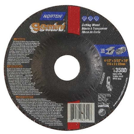 Norton Abrasives Depressed Center Cut-Off Wheel, Type 27, 4 1/2 in Dia, 0.0938 in Thick, 7/8 in Arbor Hole Size 66252841940