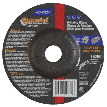 Norton Abrasives Depressed Center Wheels, Type 27, 4 in Dia, 0.25 in Thick, 5/8 in Arbor Hole Size, Aluminum Oxide 66252842020