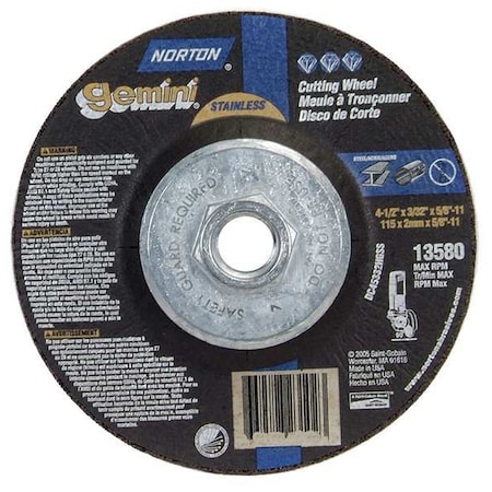 Norton Abrasives Depressed Center Cut-Off Wheel, Type 27, 4 1/2 in Dia, 0.0938 in Thick, 5/8"-11 Arbor Hole Size 66252842027