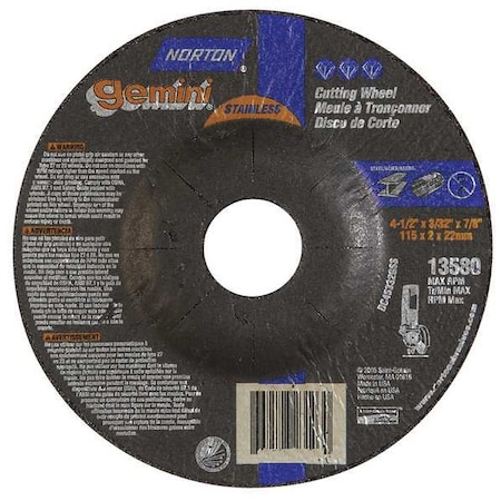 Norton Abrasives Depressed Center Cut-Off Wheel, Type 27, 4 1/2 in Dia, 0.0938 in Thick, 7/8 in Arbor Hole Size 66252842028