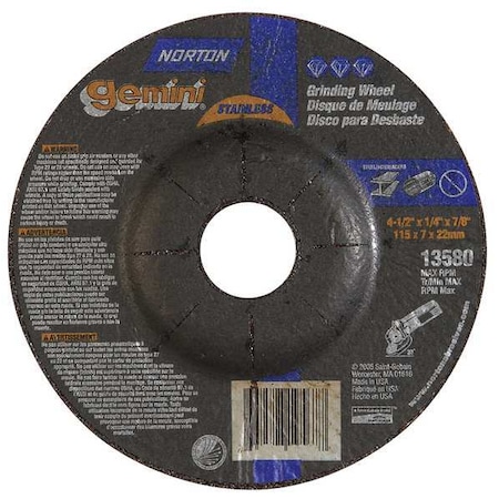 Norton Abrasives Depressed Center Grinding Wheel, Type 27, 4 1/2 in Dia, 0.25 in Thick, 7/8 in Arbor Hole Size 66252842033