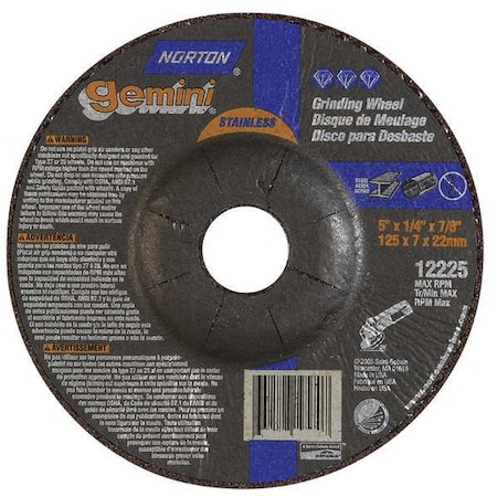 Norton Abrasives Depressed Center Grinding Wheel, Type 27, 5 in Dia, 0.25 in Thick, 7/8 in Arbor Hole Size, 24 Grit 66252842040
