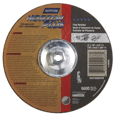 Norton Abrasives Depressed Center Cut-Off Wheel, Type 27, 9 in Dia, 0.125 in Thick, 5/8"-11 Arbor Hole Size, Ceramic 66253049066