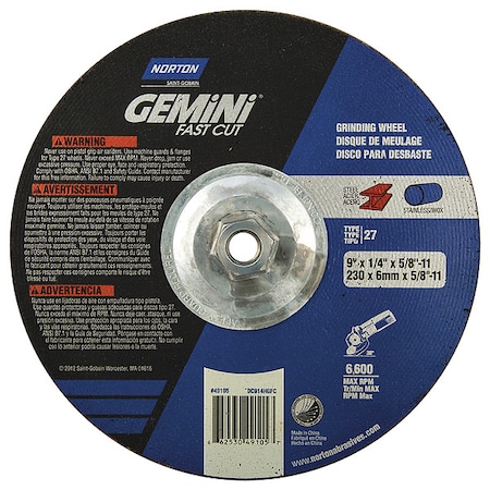 Norton Abrasives Depressed Center Grinding Wheel, Type 27, 9 in Dia, 0.25 in Thick, 5/8"-11 Arbor Hole Size, 24 Grit 66253049105