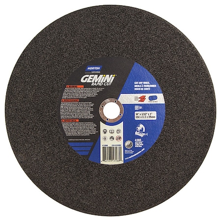 Norton Abrasives Abrasive Cut-Off Wheel, Type 1, 14 in Dia, 0.0938 in Thick, 1 in Arbor Hole Size, Aluminum Oxide 66253313588