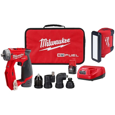 Milwaukee Tool M12 FUEL Installation Drill/Driver Kit + M12 ROVER Service and Repair Flood Light w/ USB Charging 2505-22, 2367-20
