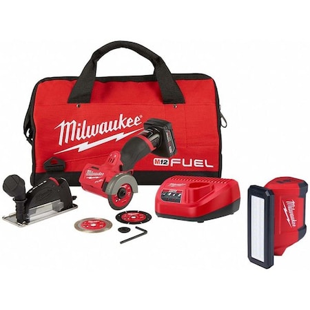 Milwaukee Tool M12 FUEL 3" Compact Cut Off Tool - Kit + M12 ROVER Service and Repair Flood Light w/ USB Charging 2522-21XC, 2367-20